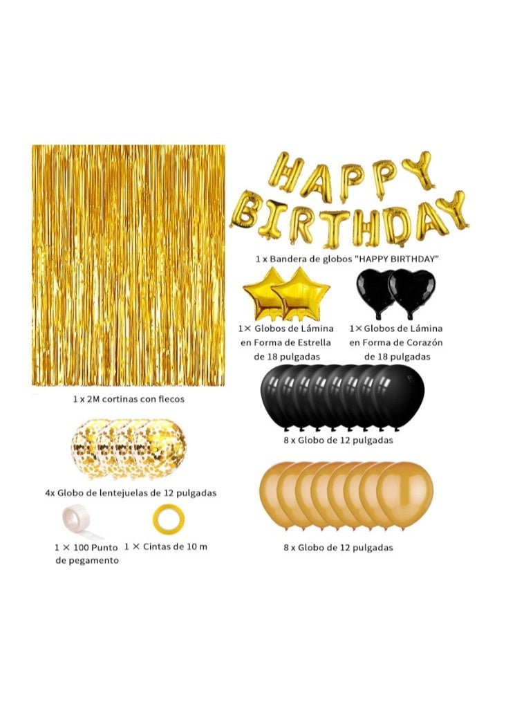 Happy Birthday Banner with Heart & Star Foil Balloons, Latex Balloons, and Foil Fringe Curtain – Gold & Black Birthday Party Decoration Set - Image 3