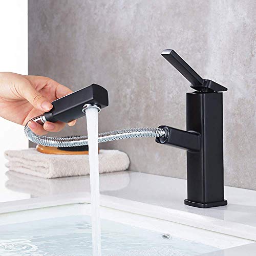 KAIYING Bathroom Sink Faucet with Pull Out Sprayer, Single Handle Basin Mixer Tap for Hot and Cold Water, Lavatory Pull Down Sink Faucet with Rotating Spout (Regular, Black) - Image 1