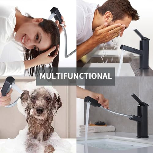 KAIYING Bathroom Sink Faucet with Pull Out Sprayer, Single Handle Basin Mixer Tap for Hot and Cold Water, Lavatory Pull Down Sink Faucet with Rotating Spout (Regular, Black) - Image 3