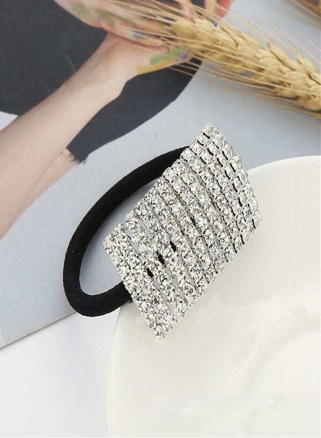 Ruihfas 4Pcs Rhinestone Glitter Scrunchies Ponytail Holder Hair Cuffs Stretchy Elastic Hair Tie Band Accessories Headband (Silver Style 1) - Image 4