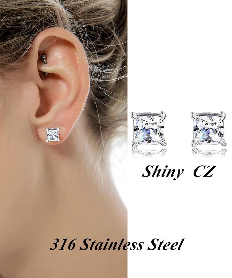 Tornito 6-7 Pairs 20G Stainless Steel Stud Earrings Round Square Cubic Zirconia Earring Set For Men Women 2MM-8MM - Image 3