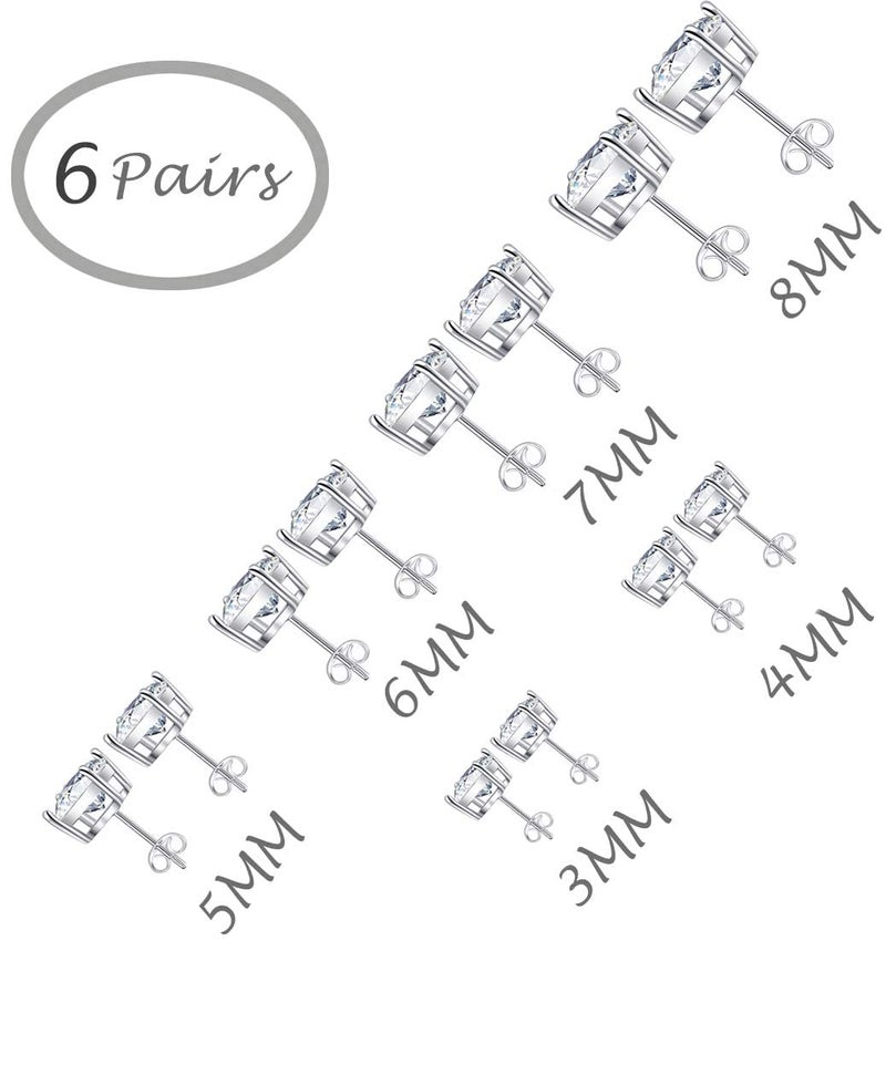 Tornito 6-7 Pairs 20G Stainless Steel Stud Earrings Round Square Cubic Zirconia Earring Set For Men Women 2MM-8MM - Image 5