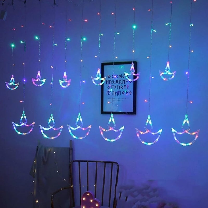 Chronos Diya Curtain Lights 12 Diya Hanging Light with 8 Flashing Modes Decoration for Diwali Mandir Home Office Multi Pixel LED - Image 1
