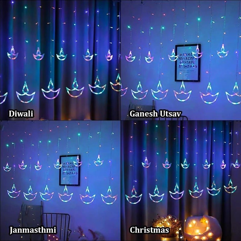 Chronos Diya Curtain Lights 12 Diya Hanging Light with 8 Flashing Modes Decoration for Diwali Mandir Home Office Multi Pixel LED - Image 4