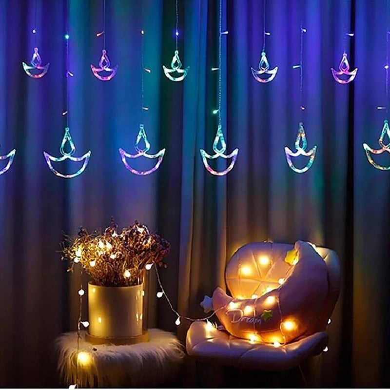 Chronos Diya Curtain Lights 12 Diya Hanging Light with 8 Flashing Modes Decoration for Diwali Mandir Home Office Multi Pixel LED - Image 3
