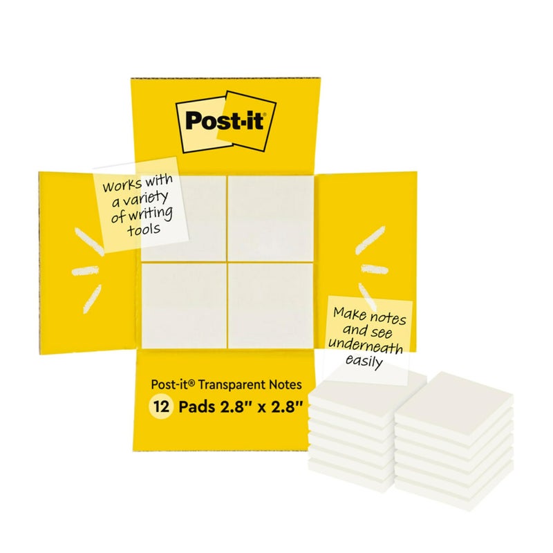 Post-it ملاحظات لاصقة شفافة من بوست-إت، 3x3 بوصة، 12 دفتر/عبوة، 36 ورقة/دفتر، تلتصق بأمان وتزال بسهولة - Image 1