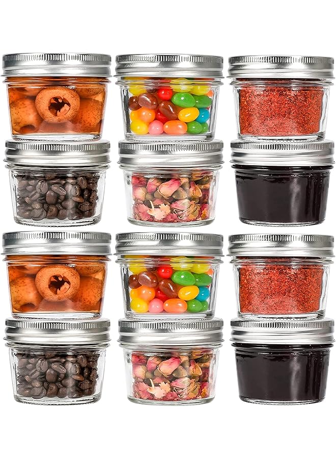فوفو برطمانات زجاجية بغطاء سعة 4 أونصة، برطمانات ماسون صغيرة ذات فوهة واسعة، برطمانات تعليب صغيرة للعسل والمربى والهلام وأطعمة الأطفال وهدايا الزفاف وهدايا الاستحمام وبرطمانات التوابل للمطبخ والمنزل، مجموعة من 12 قطعة - Image 1