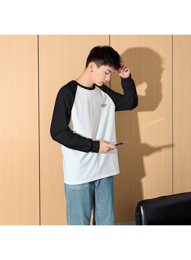 Tonlion Spring Men's Printed Contrast Color Raglan Sleeve Long-sleeve T-shirt, White, L - Image 3