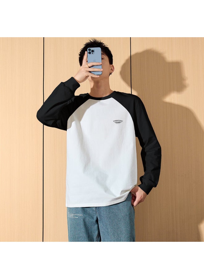Tonlion Spring Men's Printed Contrast Color Raglan Sleeve Long-sleeve T-shirt, White, L - Image 2