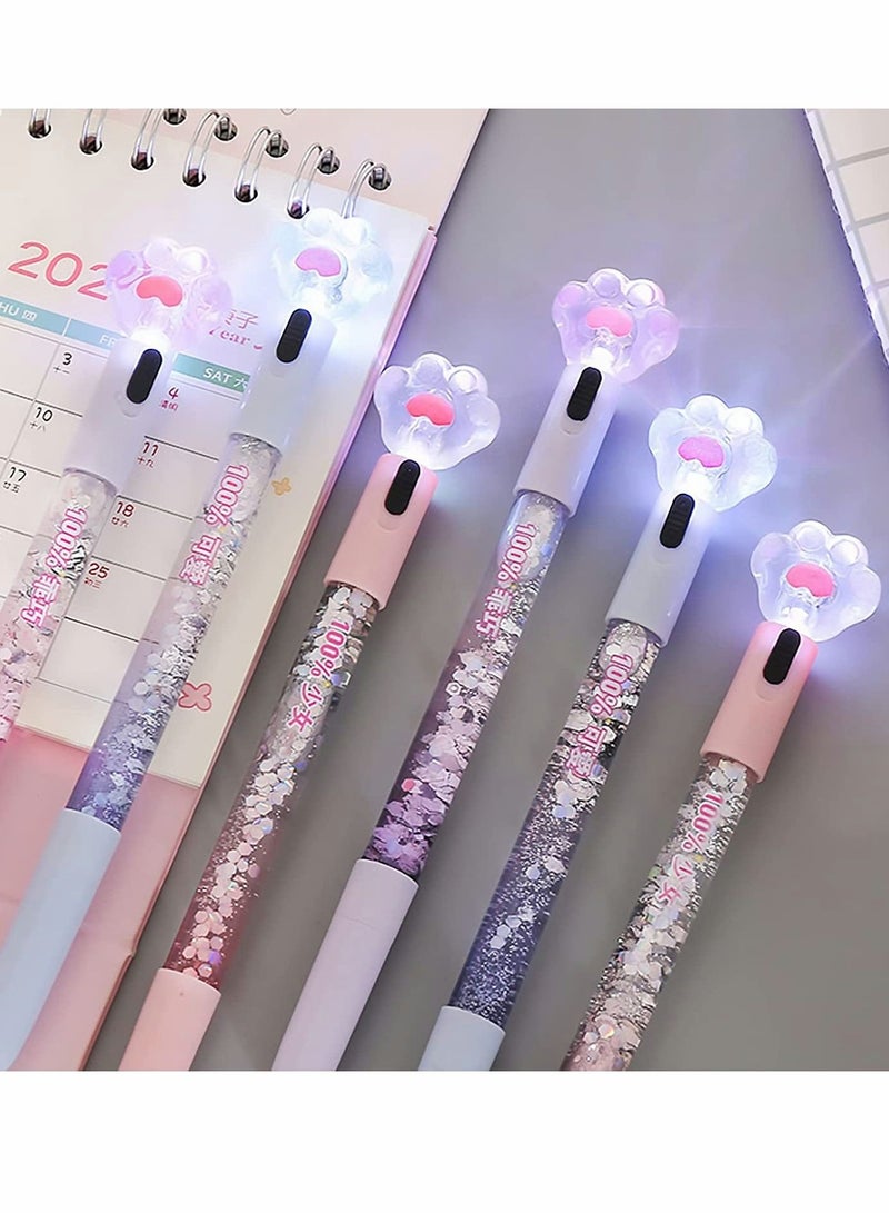 Cute LED Cat Paw Ballpoint Pens 6 Pcs with Refills Kawaii School Supplies for Girls Fun and Unique 0.5mm Black Gel Ink Writing - Image 1