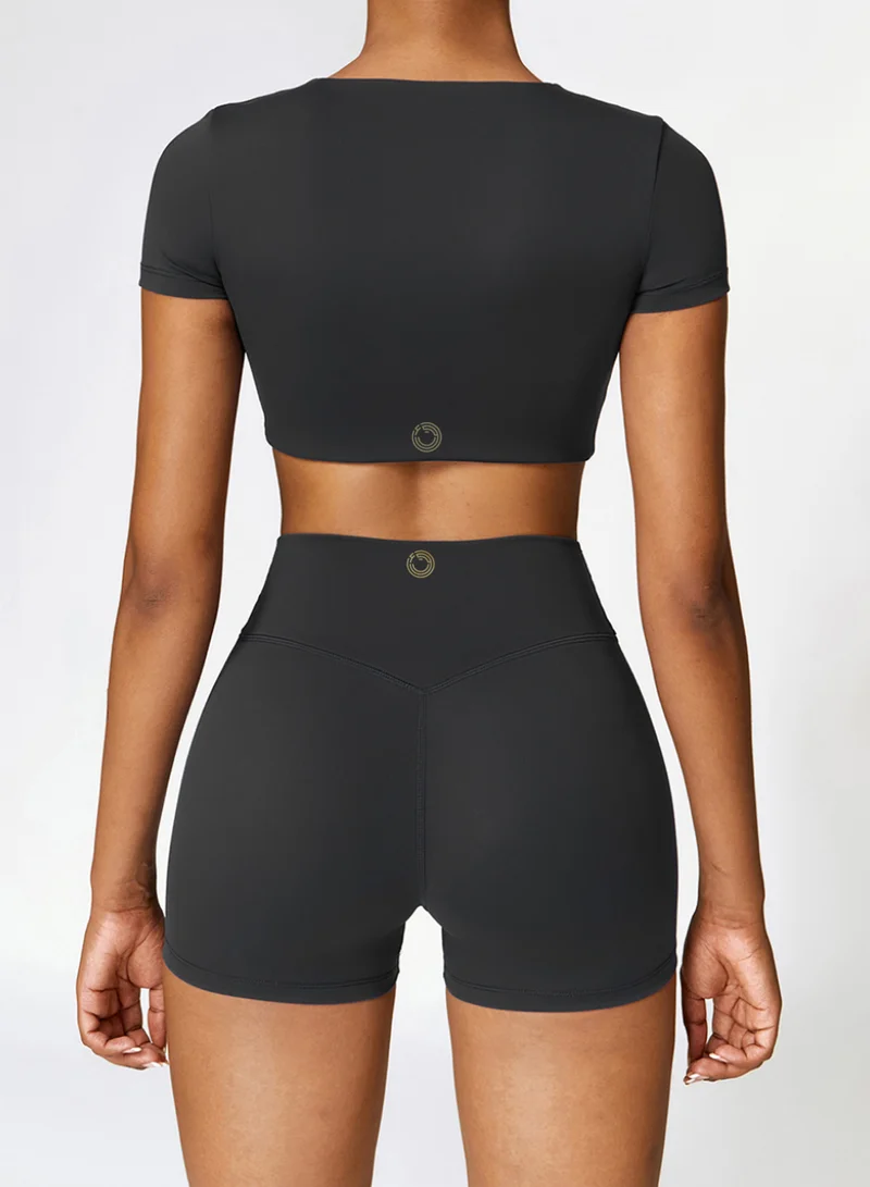 Kawn.yoga Licorice Black Womens Mid Waist Contour Workout Sport Yoga Shorts for Women | Best Price UAE
