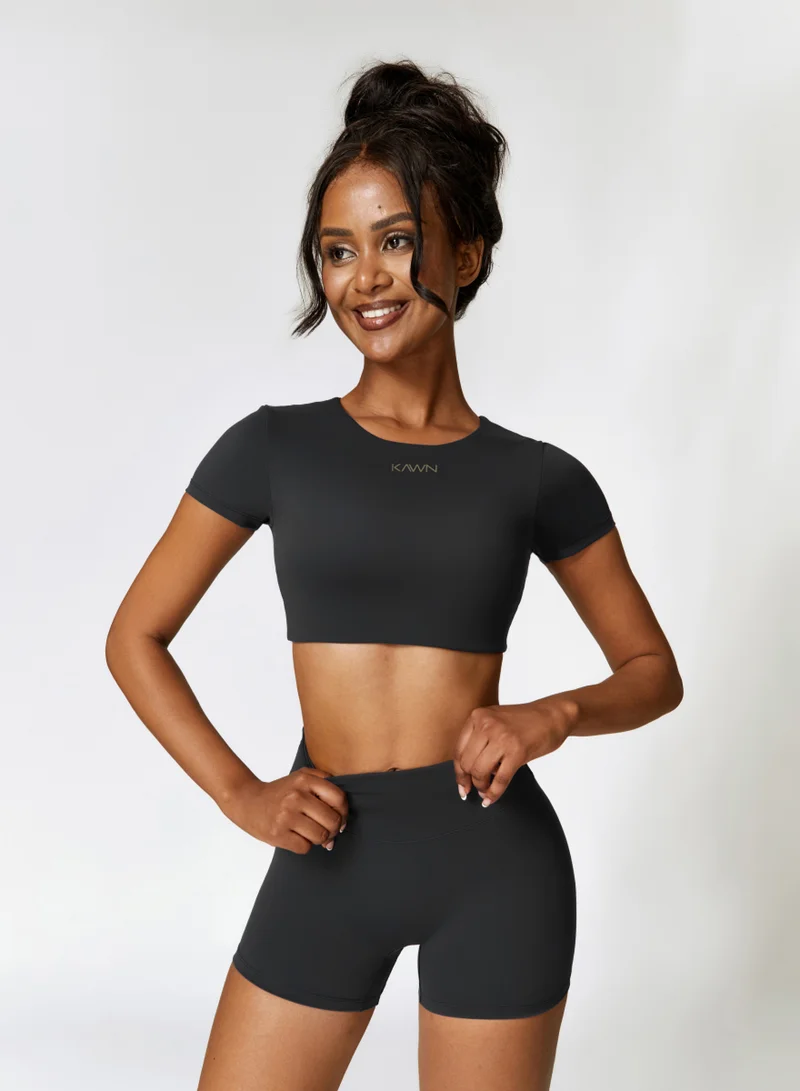 Kawn.yoga Licorice Black Womens Mid Waist Contour Workout Sport Yoga Shorts for Women | Best Price UAE