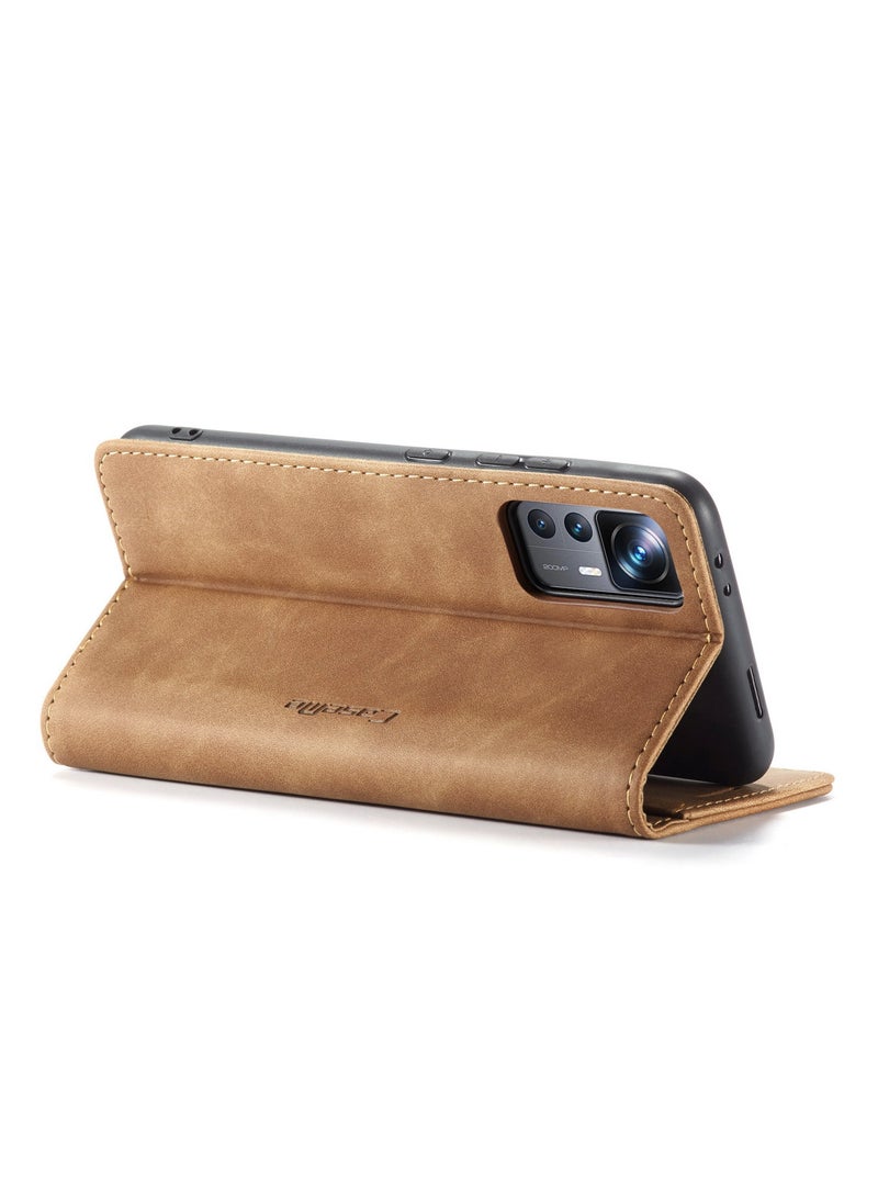 CaseMe - CaseMe Xiaomi Mi 12/12T Pro Case Wallet, for Xiaomi Mi 12/12T Pro Wallet Case Book Folding Flip Folio Case with Magnetic Kickstand Card Slots Protective Cover - Brown - Image 1