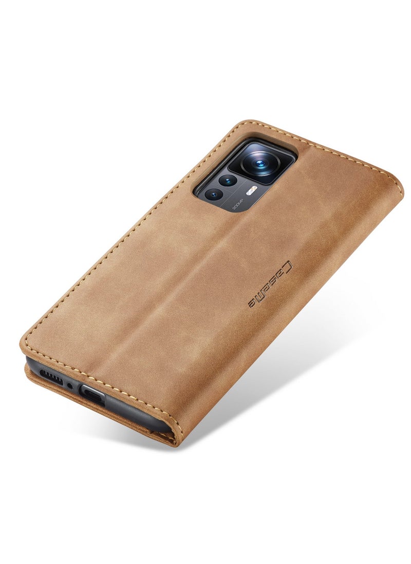 CaseMe - CaseMe Xiaomi Mi 12/12T Pro Case Wallet, for Xiaomi Mi 12/12T Pro Wallet Case Book Folding Flip Folio Case with Magnetic Kickstand Card Slots Protective Cover - Brown - Image 1
