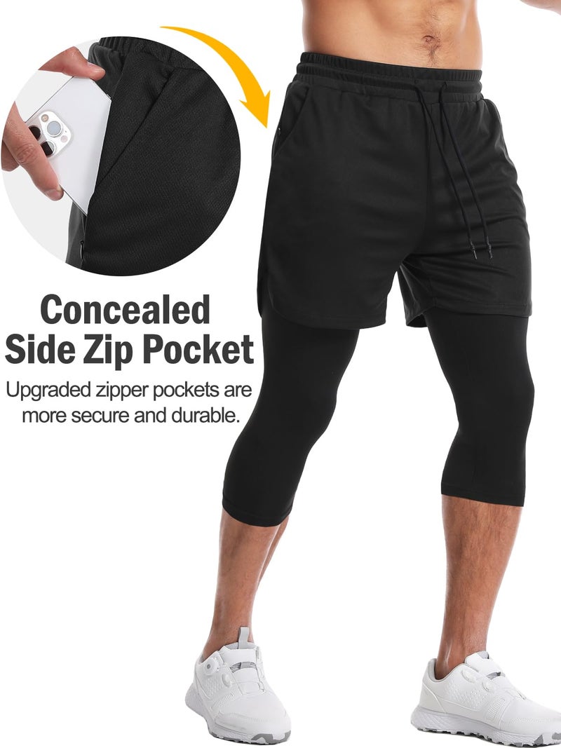 Aolesy Men's 2 in 1 Running Pants, Gym Workout 3/4 Compression Pants for Men Training Athletic Pants - Image 5