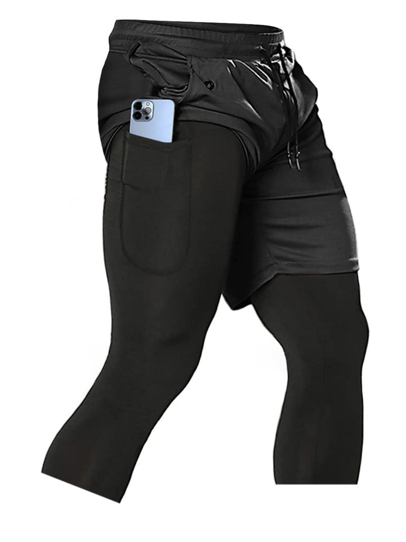 Aolesy Men's 2 in 1 Running Pants, Gym Workout 3/4 Compression Pants for Men Training Athletic Pants - Image 1