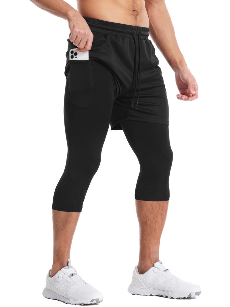 Aolesy Men's 2 in 1 Running Pants, Gym Workout 3/4 Compression Pants for Men Training Athletic Pants - Image 2