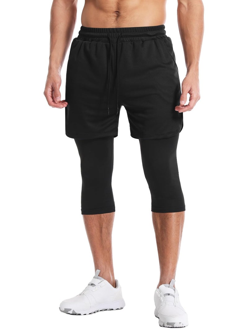 Aolesy Men's 2 in 1 Running Pants, Gym Workout 3/4 Compression Pants for Men Training Athletic Pants - Image 3
