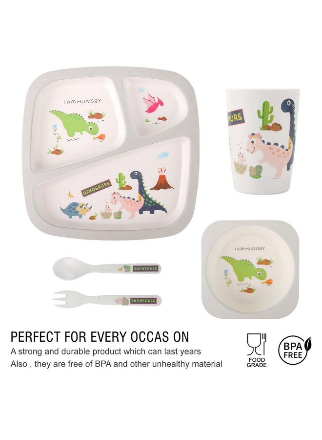 كيوشاير طقم أدوات طعام للأطفال، طقم أطباق وأوعية للأطفال من 5 قطع، طقم أدوات طعام للأطفال من الميلامين برسوم كرتونية، أطباق وشوك وملاعق للأطفال الصغار (رمادي) - Image 4