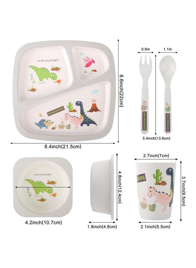 كيوشاير طقم أدوات طعام للأطفال، طقم أطباق وأوعية للأطفال من 5 قطع، طقم أدوات طعام للأطفال من الميلامين برسوم كرتونية، أطباق وشوك وملاعق للأطفال الصغار (رمادي) - Image 1