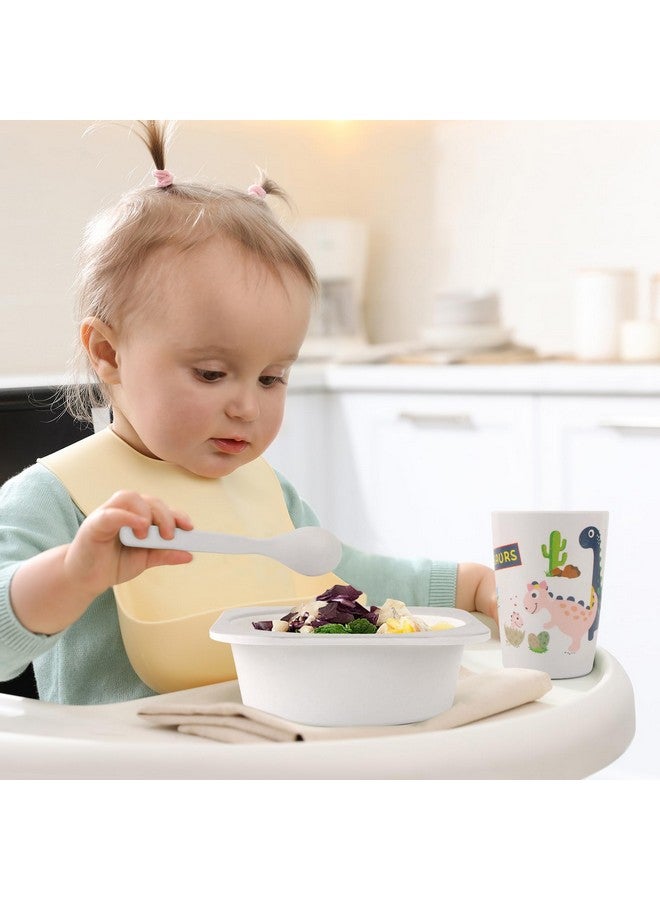 كيوشاير طقم أدوات طعام للأطفال، طقم أطباق وأوعية للأطفال من 5 قطع، طقم أدوات طعام للأطفال من الميلامين برسوم كرتونية، أطباق وشوك وملاعق للأطفال الصغار (رمادي) - Image 2