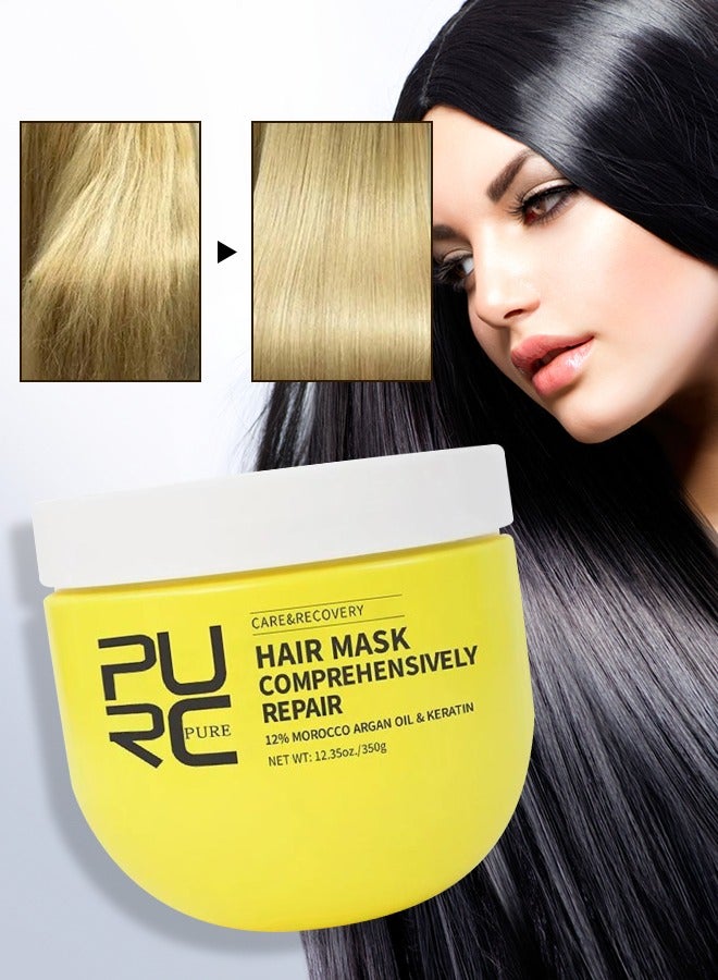 PURC قناع الشعر لإصلاح شامل 350 جرام زيت الأركان المغربي والكيراتين للعناية بالشعر واستعادة صحته قناع علاج الشعر لإصلاح خصلات الشعر وتقوية الشعر التالف وجعل الشعر ناعماً وسلساً - Image 1