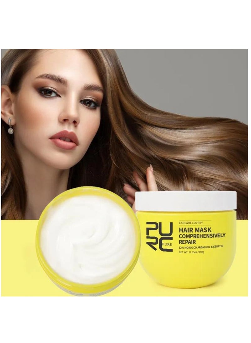 PURC قناع الشعر لإصلاح شامل 350 جرام زيت الأركان المغربي والكيراتين للعناية بالشعر واستعادة صحته قناع علاج الشعر لإصلاح خصلات الشعر وتقوية الشعر التالف وجعل الشعر ناعماً وسلساً - Image 2