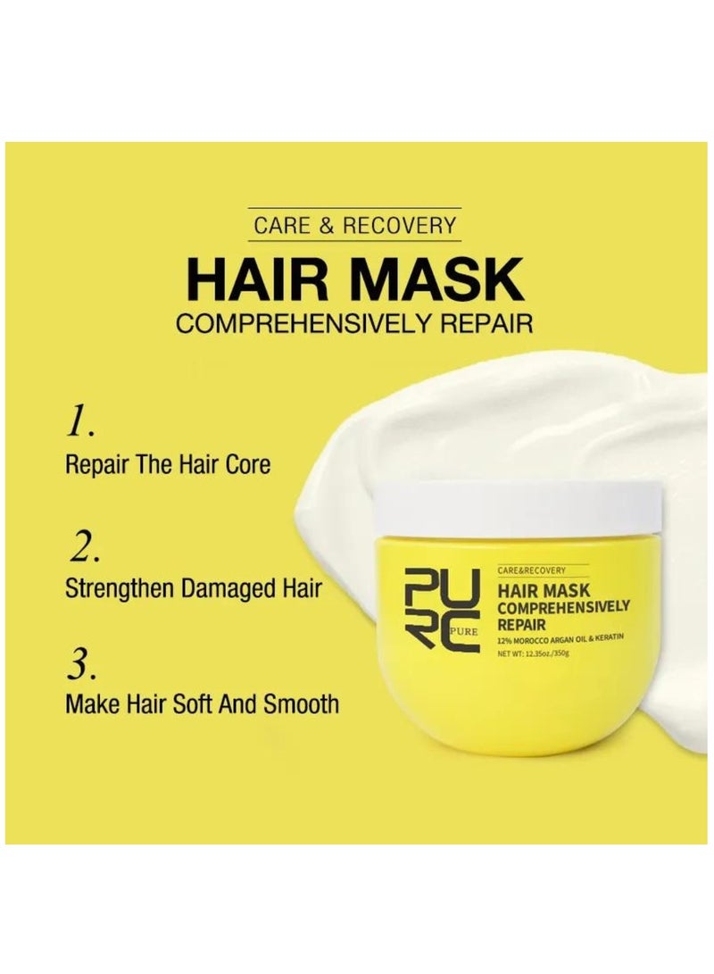 PURC قناع الشعر لإصلاح شامل 350 جرام زيت الأركان المغربي والكيراتين للعناية بالشعر واستعادة صحته قناع علاج الشعر لإصلاح خصلات الشعر وتقوية الشعر التالف وجعل الشعر ناعماً وسلساً - Image 3