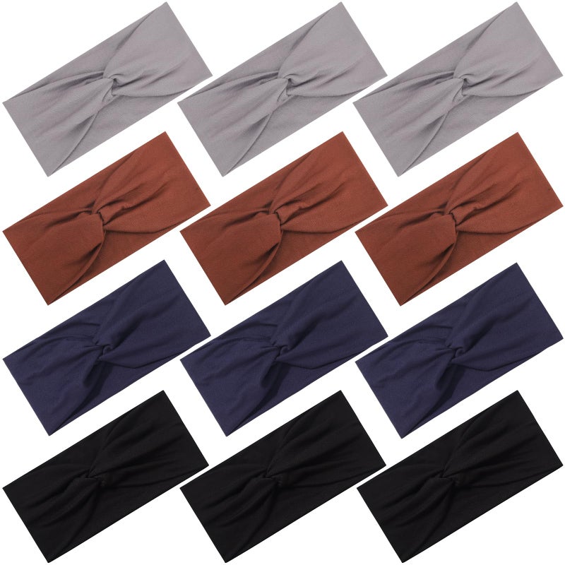 Panleding 12 Pcs Stretchy Headbands for Women, Absorbed Sport Headband Soft Twist Knotted Hairbands for Daily Life Yoga Workout(Black/Dark blue/Brown/Grey) - Image 1
