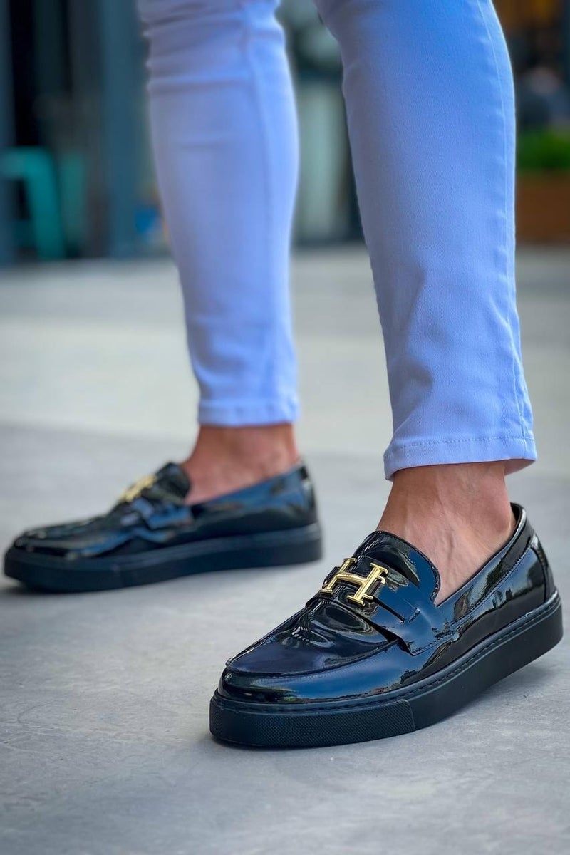 KB-027 Laceless Charcoal Patent Leather H Casual Men's Shoes