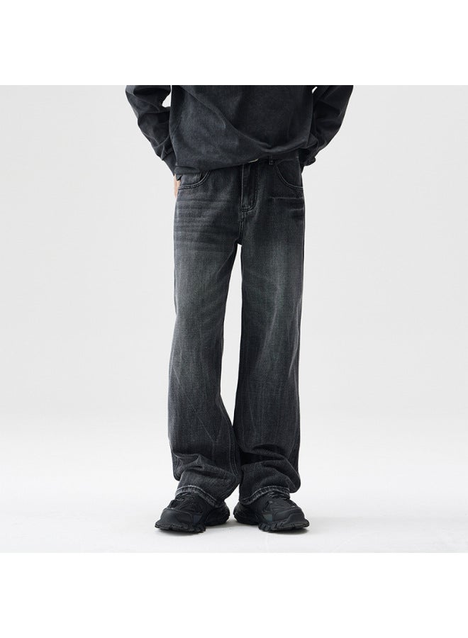 Men's American Style Retro Loose Straight Jeans Men's Autumn New Plus Size Washed Wide Leg Pants