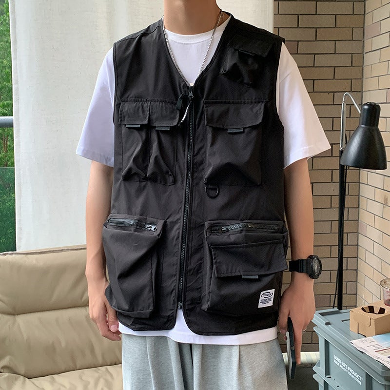 Multi-Pocket Vest Casual Mens Trendy Sleeveless Top Summer Green - Image 2