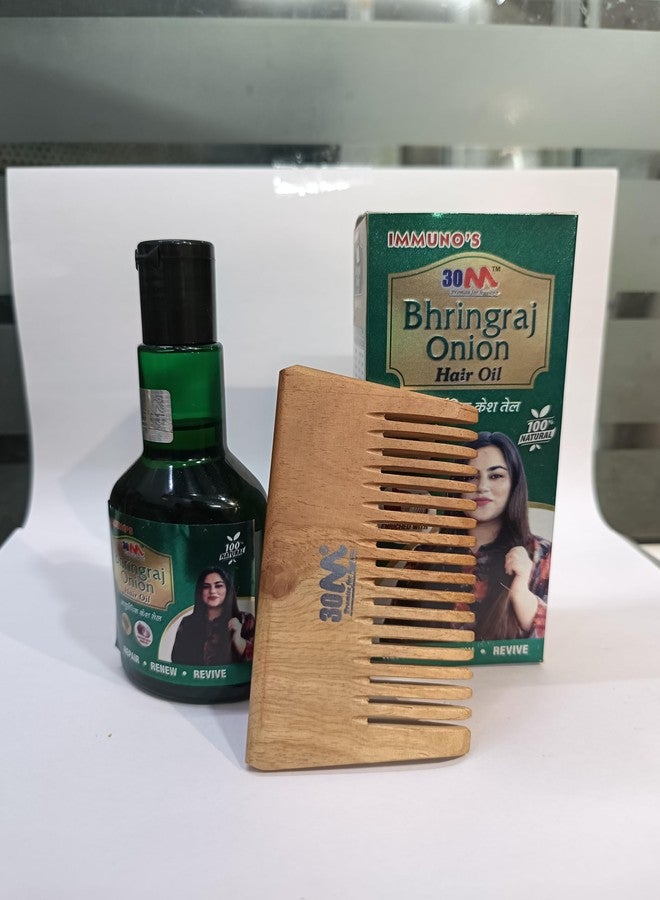 30MN Immuno’s Bhringraj Onion Hair Oil with Wooden Comb | Ayurvedic Hair Growth & Scalp Care Combo - Strengthens Roots, Reduces Hair Fall, Shiny, Thick Hair, Controls Dandruff, 100% Natural for Women - 100ml [COMBO] - Image 3