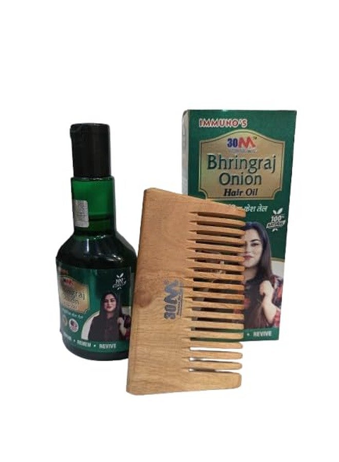 30MN Immuno’s Bhringraj Onion Hair Oil with Wooden Comb | Ayurvedic Hair Growth & Scalp Care Combo - Strengthens Roots, Reduces Hair Fall, Shiny, Thick Hair, Controls Dandruff, 100% Natural for Women - 100ml [COMBO] - Image 1