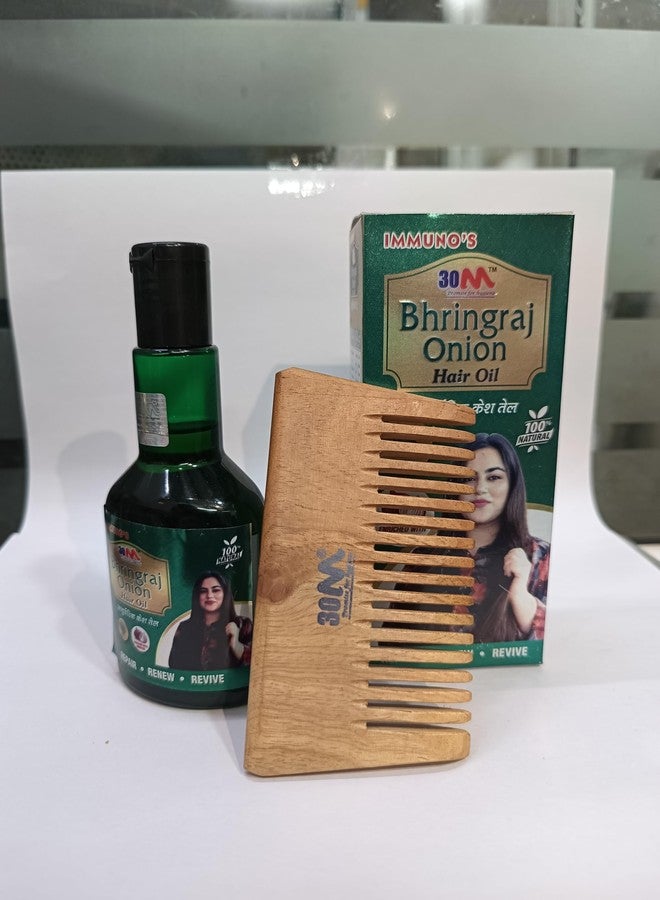30MN Immuno’s Bhringraj Onion Hair Oil with Wooden Comb | Ayurvedic Hair Growth & Scalp Care Combo - Strengthens Roots, Reduces Hair Fall, Shiny, Thick Hair, Controls Dandruff, 100% Natural for Women - 100ml [COMBO] - Image 4