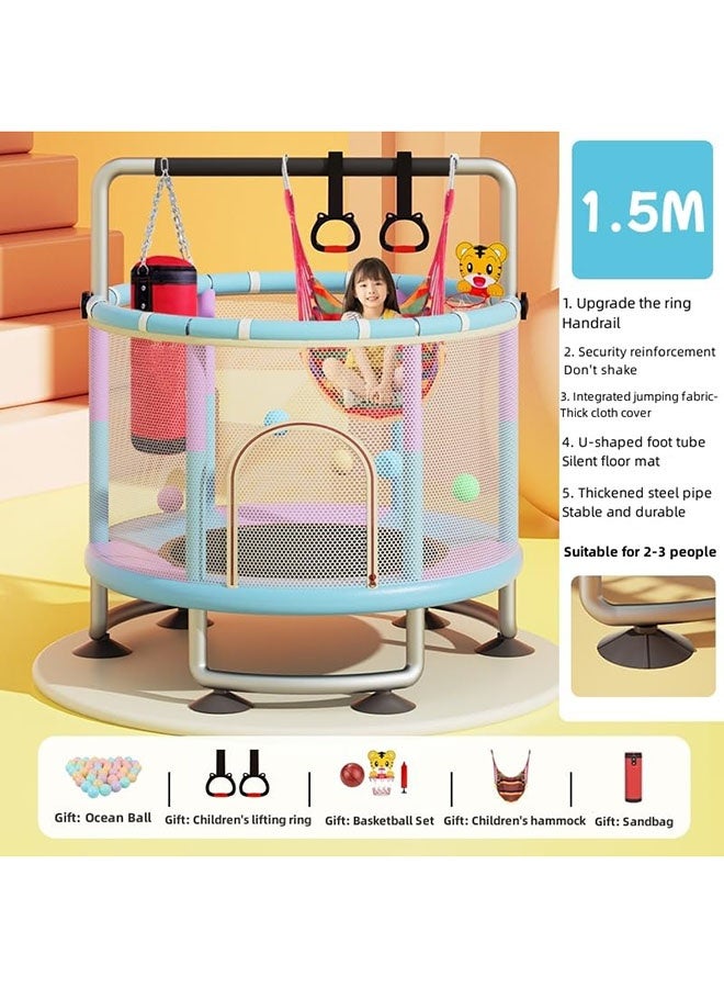 عربست ترامبولين للأطفال بطول 1.5 متر، ترامبولين مع شبكة أمان من 1 إلى 3 أشخاص، ترامبولين قابل للتعديل للأطفال للاستخدام الداخلي والخارجي، ترامبولين صغير للأطفال مع شبكة وأرجوحة - Image 2