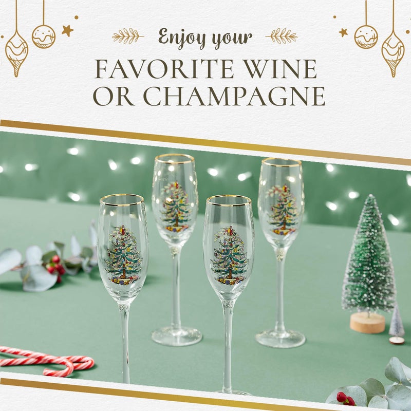Spode Christmas Tree Gold 8.5oz Champagne Flutes (Set of 4) - Gold Rimmed Glasses, Festive Holiday Drinkware for Christmas Dinner, Wedding Gifts - Classic Holiday Glassware for Wine & Minosas - Image 5