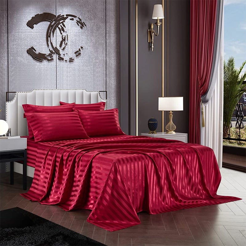 AiMay 6 Piece Satin Italian Style Bed Sheet Set Deep Pocket Stripes Super Soft 1800 Luxury Rich Silk 1 Flat Sheet 1 Fitted Sheet 4 Envelope Pillowcases StainResistant Wrinkle Free KingBurgundy