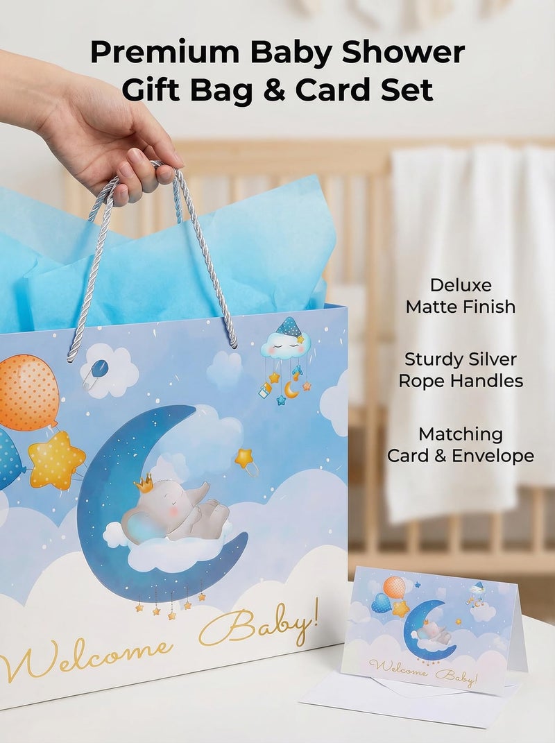 GFInYHM 13" Baby Boy Gift Bag for Baby Shower or Birthday with Handle, Tissue Paper and Greeting Card (Elephant) - Image 2