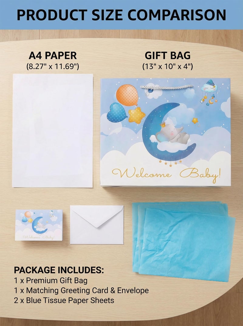 GFInYHM 13" Baby Boy Gift Bag for Baby Shower or Birthday with Handle, Tissue Paper and Greeting Card (Elephant) - Image 4