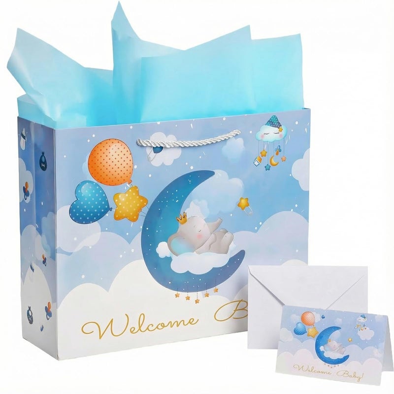 GFInYHM 13" Baby Boy Gift Bag for Baby Shower or Birthday with Handle, Tissue Paper and Greeting Card (Elephant) - Image 1