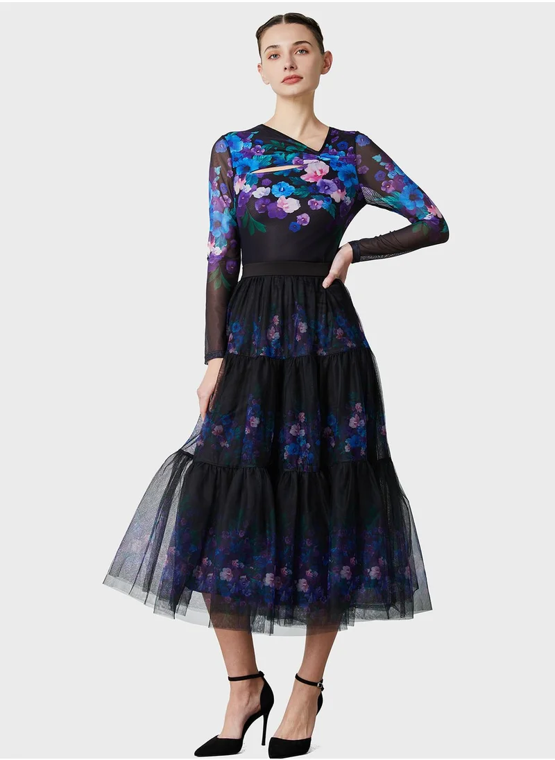 Femi9 Plisse Mesh Floral Print Skirt
