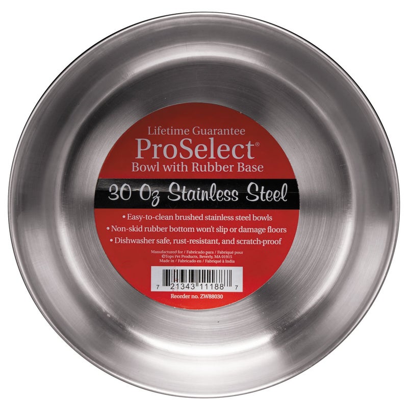 Pro Select Proselect Stainless Steel Dog Bowl with Rubber Base Sizes Vary 1 Pack 30 OZ