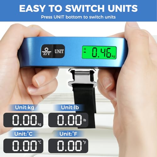 BAGAIL Digital Luggage Scale, 110lbs Hanging Baggage Scale with Backlit LCD Display,Portable Suitcase Weighing Scale,Travel Luggage Weight Scale with Hook,Strong Straps for Travelers(Blue with Temp) - Image 5