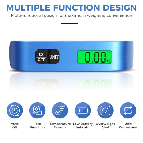 BAGAIL Digital Luggage Scale, 110lbs Hanging Baggage Scale with Backlit LCD Display,Portable Suitcase Weighing Scale,Travel Luggage Weight Scale with Hook,Strong Straps for Travelers(Blue with Temp) - Image 3