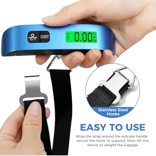BAGAIL Digital Luggage Scale, 110lbs Hanging Baggage Scale with Backlit LCD Display,Portable Suitcase Weighing Scale,Travel Luggage Weight Scale with Hook,Strong Straps for Travelers(Blue with Temp) - Image 4