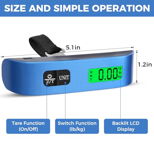 BAGAIL Digital Luggage Scale, 110lbs Hanging Baggage Scale with Backlit LCD Display,Portable Suitcase Weighing Scale,Travel Luggage Weight Scale with Hook,Strong Straps for Travelers(Blue with Temp) - Image 2