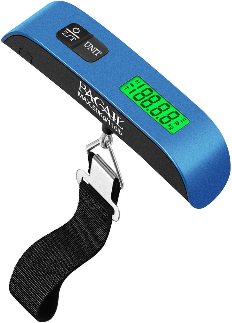 BAGAIL Digital Luggage Scale, 110lbs Hanging Baggage Scale with Backlit LCD Display,Portable Suitcase Weighing Scale,Travel Luggage Weight Scale with Hook,Strong Straps for Travelers(Blue with Temp) - Image 1