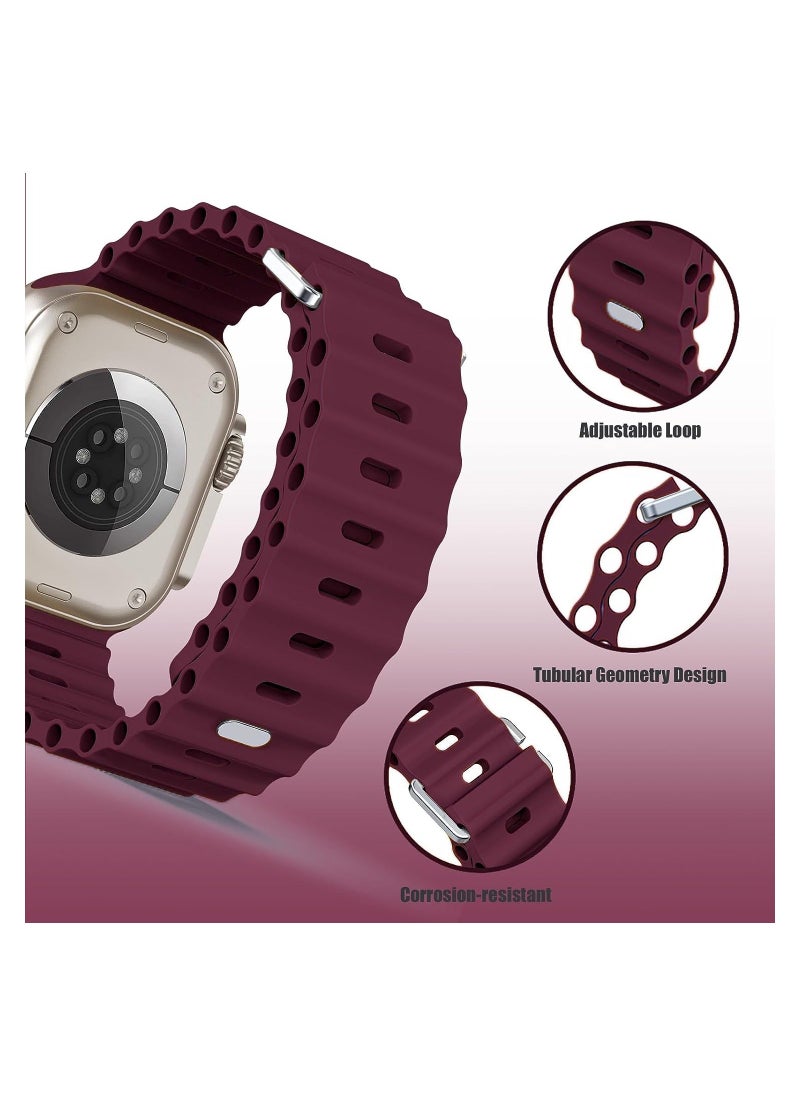 Color Fans - Soft Silicone Ocean Sports Strap Compatible Apple Watch Ultra 49mm 45mm 44mm 42mm for Men Women, Adjustible Watch Band for Apple Watch Ultra/SE/Series 9/8/7/6/5/4/3/2/1 - Wine Red - Image 1