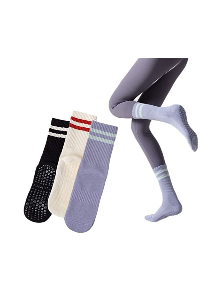 SYOSI Non Slip Socks Women Fashion All Season Socks Sports Casual Simple Striped Colors for Pilates Yoga Barre Ballet Dance Fitness Football Hospital  Mid-Tube Socks Free Size 3-Pair - Image 1